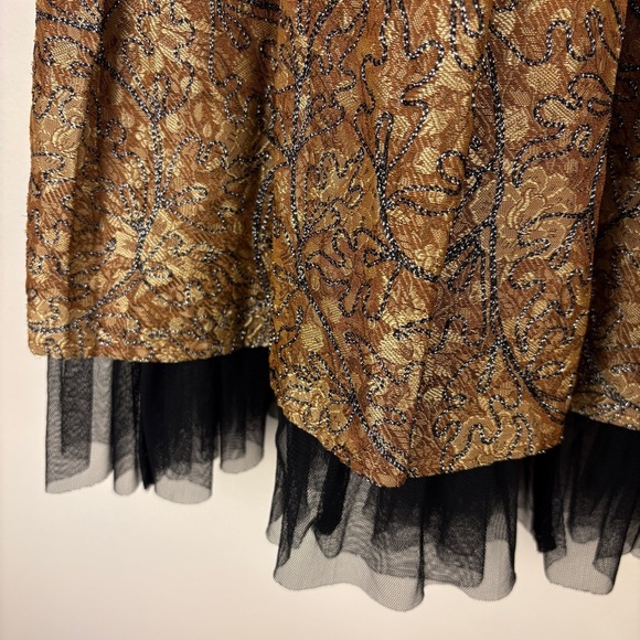 Vintage Gold Brocade Floral Midi Skirt Pleated Sheer Black Trim - Picture 4 of 7